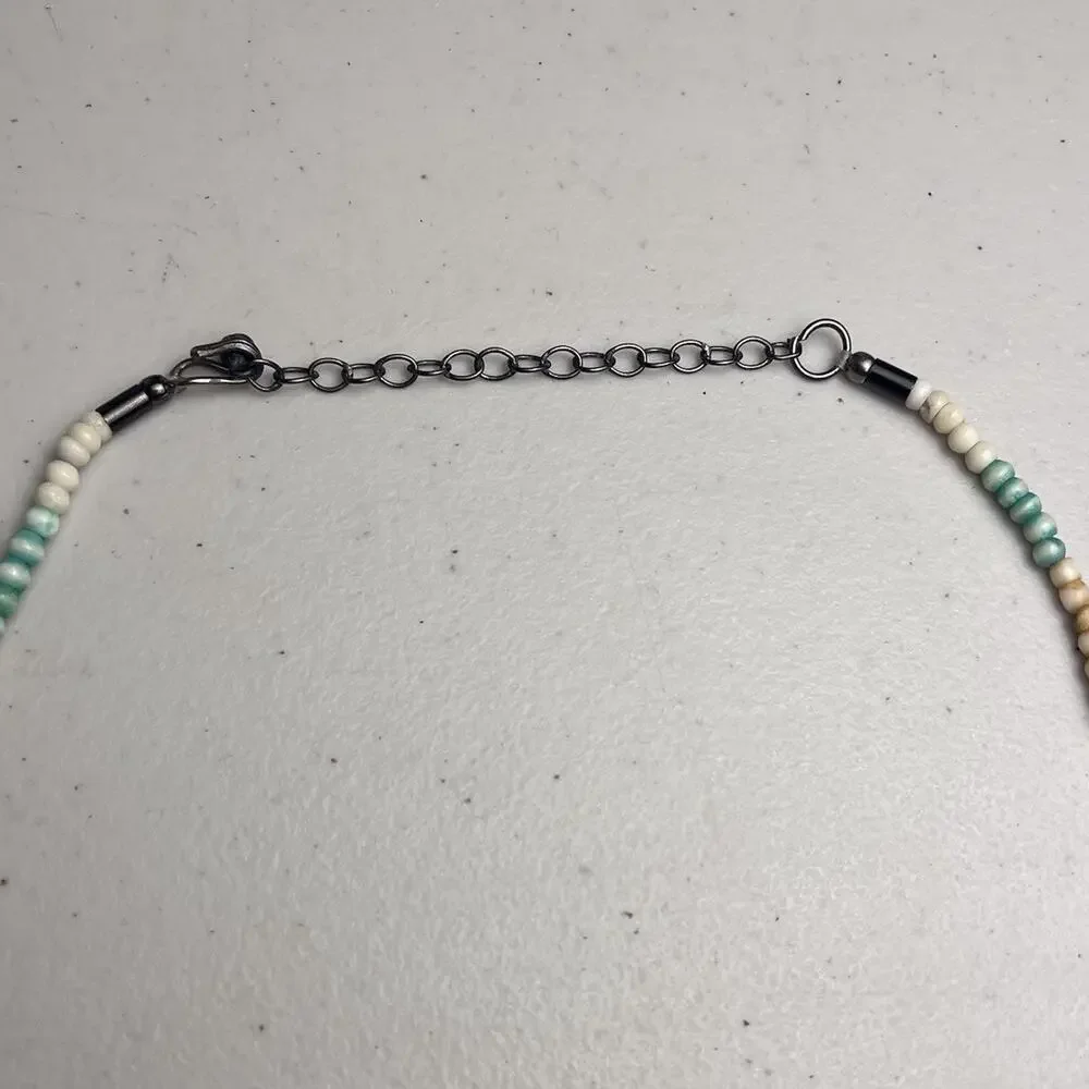 Mosaic Teardrop Pendant Western Tribal Multi Strand Beaded Necklace Silver Tone